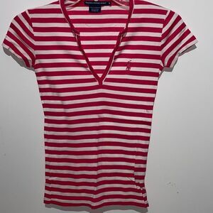 Ralph Lauren Sport Women's Red White Striped V-Neck Short Sleeve T-Shirt Size XS